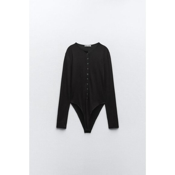 Zara Black Semi Sheer Long Sleeve Bodysuit With Button Front - Picture 1 of 4